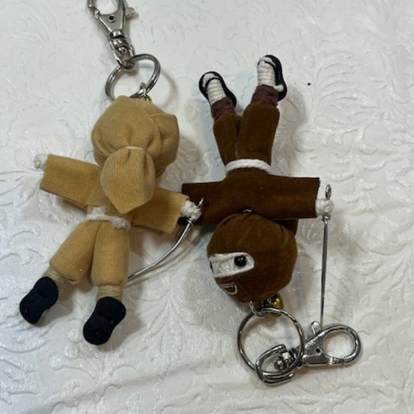 TWO Ninja String Doll Keychain Toys w/Swords Tan/Brown 2.5" x 3" NEW - Picture 2 of 16